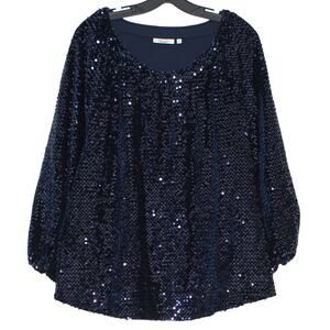Chicos Velvet Sequin Blouson Top Navy Blue Plus Size XXL 4 Party Glam Dressy NYE